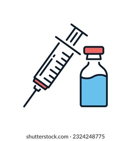 Vaccine related vector icon. Syringe and container with vaccine. Vaccine sign. Isolated on white background. Editable vector illustration