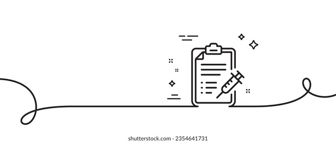 Icono de la línea de informe de la vacuna. Una línea continua con curl. Signo de jeringa de vacunación. Símbolo del programa de inyección. Cinta de esquema único para el informe de la vacuna. Patrón de curva de bucle. Vector