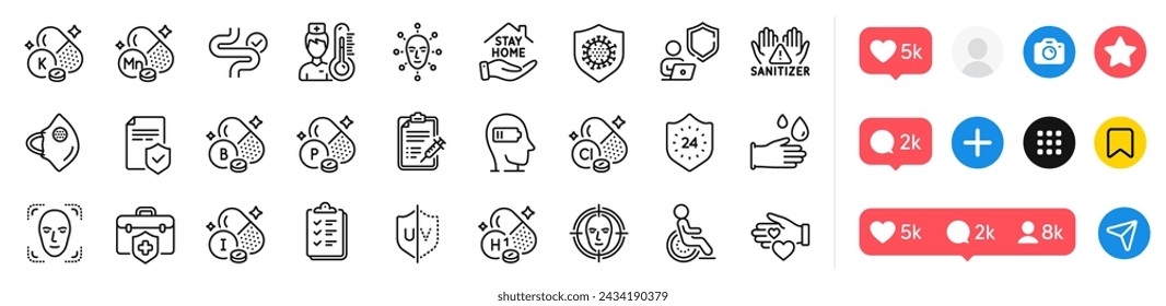 Vaccine report, Vitamin h1 and Volunteer line icons pack. Social media icons. Vitamin k, Coronavirus, Shield web icon. Insurance policy, Digestion, Boron mineral pictogram. Vector