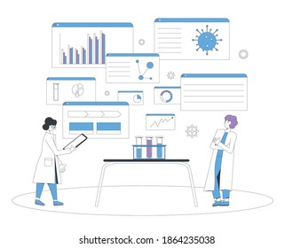 Vaccine reseach concept. Coronavirus treatment complete development. Laboratory finding prevention medicine. Scientists conclude phase 3 study of covid vaccine candidate. Vector line art illustration.