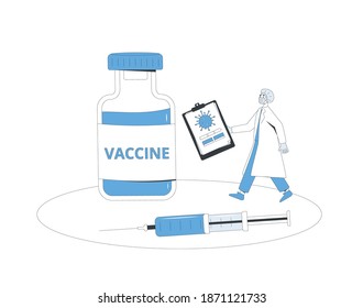 Vaccine reseach done concept. Coronavirus treatment complete development. Corona virus injection test. Laboratory finding prevention. Doctor conclude phase 3 study of covid medicine candidate. 