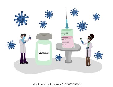 vaccine research against covid 19, scientists wearing protective face mask, prevent the transmission of coronavirus, isolated on white background, vector illustration flat design