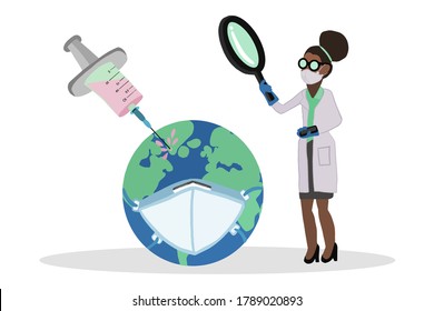 Vaccine Research, Black Woman Scientist Standing Holding A Magnifying Glass, Mask Earth Planet Due To Coronavirus Pandemic, Isolated On White Background, Vector Illustration Flat Design