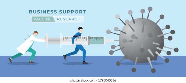Vaccine research. Business support medical concept. Businessman helping the doctor inject vaccine to the COVID-19 coronavirus by the big syringe. Try to loading vaccine for prevention and immunity.