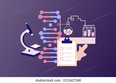 Vaccine Research And Health Care Development Business Concept. Vaccine Discovery From Pharma Industry With Medical Equipment For Virus, Illness And Disease. Flat Vector For Web, Banner, Infographics.	