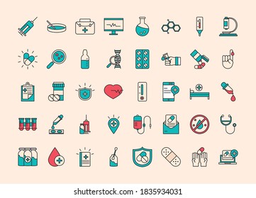 vaccine research science, collection icons medical equipment chemsitry and more, line and fill style vector illustration