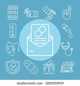 vaccine research science medicine analysis, set icons line vector illustration