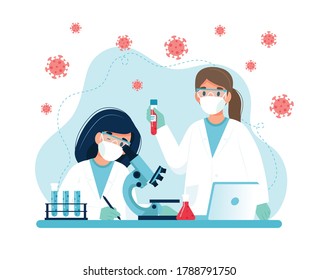 Vaccine Research, Scientists Conducting Experiments In Lab. Vector Illustration In Flat Style