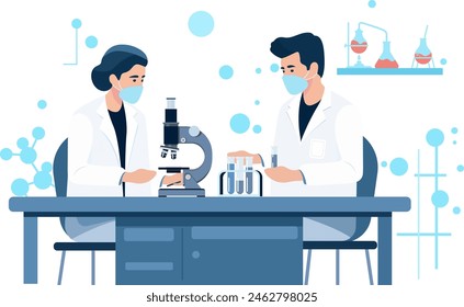 Vaccine research, scientists conducting experiments in lab. Vector illustration in flat style