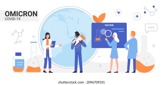 Vaccine research to stop omicron coronavirus vector illustration. Cartoon scientist doctor character holding lab vaccine bottle, team of medical researcher people studying vaccine medicines