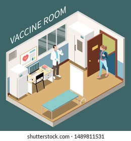 Vaccine room interior isometric composition with young woman who came to doctor for vaccination vector illustration