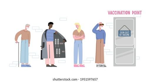 Vaccine run out and smuggler suggest fake vaccine in the line. Concept vector illustration about people waiting for medicine in the queue