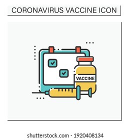 Vaccine schedule color icon. Vaccination timetable. Clinical trial. Cure search, vaccine development. Stop coronavirus pandemic. Fight against Covid19 disease. Isolated vector illustration