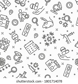 Vaccine seamless pattern with thin line icons: syringe and ampoule, laboratory test, immune system, injection in forearm, covid-19 test, vaccine trials, timetable, ai. Vector illustration.