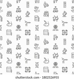 Vaccine seamless pattern with thin line icons: syringe and ampoule, laboratory test, immune system, injection in forearm, covid-19 test, vaccine trials, timetable, ai. Vector illustration.