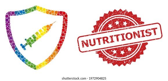 Vaccine shield collage icon of circle blots in variable sizes and rainbow colored color tinges, and Nutritionist corroded rosette seal print. A dotted LGBT-colored Vaccine shield for lesbians, gays,