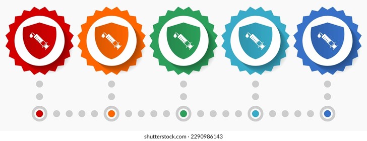 Conjunto de iconos vectoriales de concepto de escudo de vacunas, plantilla infográfica colorida, conjunto de iconos de placa de diseño plana en 5 opciones de color