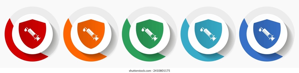 Vaccine shield concept vector icon set, flat icons for logo design, webdesign and mobile applications, colorful round buttons