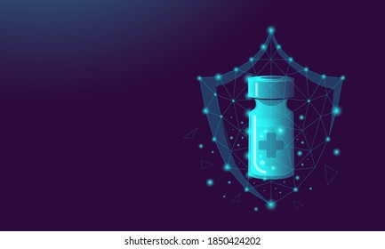 Vacuna y escudo en el fondo oscuro en neón de bajo estilo de poli. El concepto de crear una medicina, salvar y proteger a la humanidad del virus. Ilustración de material vectorial.