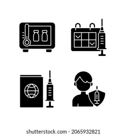 Vaccine Shot Black Glyph Icons Set On White Space. Drug Storage. Two Dose Vaccination. Vaccinated Teen, Child. Health Care And Medicine. Silhouette Symbols. Vector Isolated Illustration