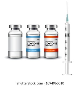 Vacuna tomada para tratamiento médico de acunación por covid-19 coronavirus en fondo blanco. 
frasco de vacuna y herramienta de inyección de jeringa. Plantilla de diseño de ampollas de drogas, Mockup. Concepto de vacunación. 