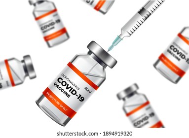 Vaccine shot for covid-19 coronavirus and vaccination medical treatment in white background. 
Covid-19 corona virus vaccination with vaccine bottle and syringe injection tool for covid19 immunization