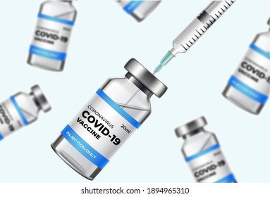 Vaccine Shot For Covid-19 Coronavirus Vaccination Medical Treatment In White Background. 
Covid-19 Corona Virus Vaccination With Vaccine Bottle And Syringe Injection Tool For Covid19 Immunization