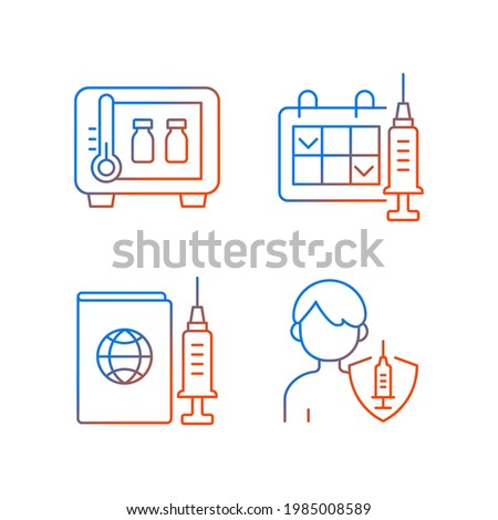 Vaccine shot gradient linear vector icons set. Drug storage. Two dose vaccination. Vaccinated teen, child. Thin line contour symbols bundle. Isolated vector outline illustrations collection