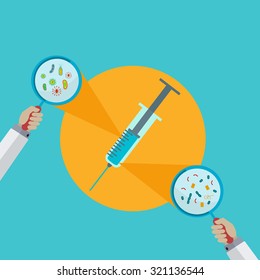 Vaccine shot with hands holding magnifying glass showing viruses and bacteria vector concept