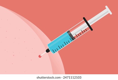 Vaccine shot injection - Syringe needle injected and inserted on butt cheek skin in close up. Vaccination, medicine and immunisation concept illustration in cartoon flat design vector style