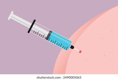 Vaccine shot injection - Syringe needle injected and inserted on butt cheek skin in close up. Vaccination, medicine and immunisation concept illustration in cartoon flat design vector style