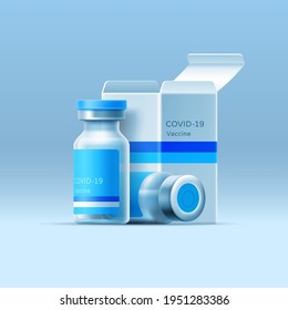 Vaccine shot. Isolated vector covid vaccine bottle template with box. Realistic 3D illustration for medical design. Glass ampoule with packaging. Health care. Coronavirus prevention.