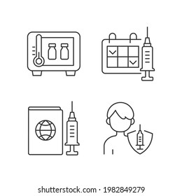 Vaccine shot linear icons set. Drug storage. Two dose vaccination. Vaccinated teen, child. Customizable thin line contour symbols. Isolated vector outline illustrations. Editable stroke