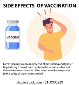 Vaccine side effect. Covid-19 vaccination. Vaccination and immunize. Immunity health.The side effect fever and headache.Young man touching her temple. Healthcare concept.