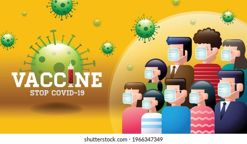 Vaccine, Stop Covid-19, mask, social distancing, group immunity, vector illustration.