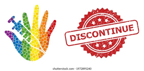 Vaccine stop hand collage icon of circle items in different sizes and spectrum colored color hues, and Discontinue scratched rosette seal. A dotted LGBT-colored Vaccine stop hand for lesbians, gays,