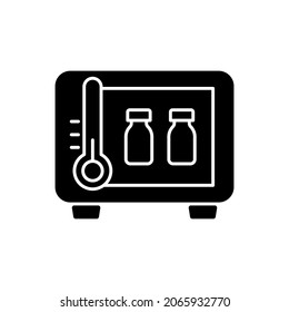 Vaccine storage black glyph icon. Refrigerator with drug vials. Storing pharmaceutical supplies. Cooler with medical bottles. Silhouette symbol on white space. Vector isolated illustration