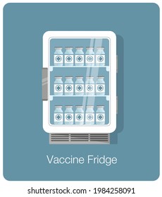 Vaccine Storage Fridge Flat Vector Illustration. Laboratory Refrigerator With Vaccine Vial Bottles Inside. Hospital Medicine Clinic Equipment. Health Care, Immunization, Antigen Stop Virus Concept.