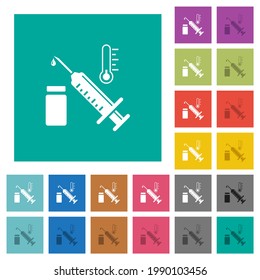 Vaccine storage temperature multi colored flat icons on plain square backgrounds. Included white and darker icon variations for hover or active effects.