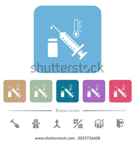 Vaccine storage temperature white flat icons on color rounded square backgrounds. 6 bonus icons included