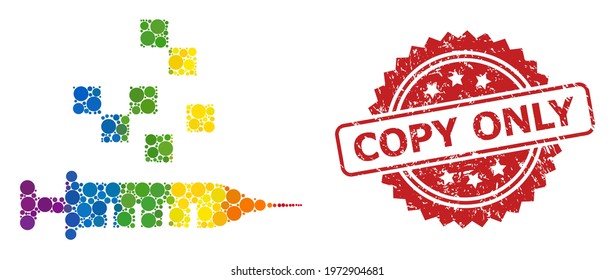 Vaccine synthesis collage icon of round elements in different sizes and LGBT colored color tints, and Copy Only corroded rosette seal imitation. A dotted LGBT-colored Vaccine synthesis for lesbians,
