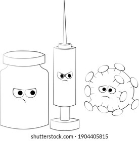 Vaccine and syringe against the virus. Cartoon illustration in black and white