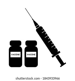 Vaccine with Syringe. Black and white pictogram illustration depicting medical vaccine and syringe. EPS Vector