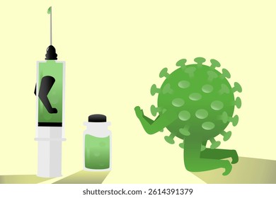 Vaccine Syringe Facing Pleading Virus, Immunization Concept Illustration