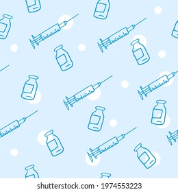 Vaccine, syringe, immunity. Seamless pattern. Vector, line drawing, hand. Conceptual. Virus, care, treatment, medical, drug, pharmacy. Coronavirus, covid.