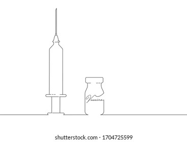 Vaccine and syringe injection. Prevention, immunization and treatment from corona virus infection COVID-19. Medicine infectious concept in line art style, vector isolate on white background