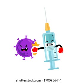 Ilustración de la mascota de la vacuna y la jeringa lucha contra el coronavirus, la medicina antivirus contraataca covid-19