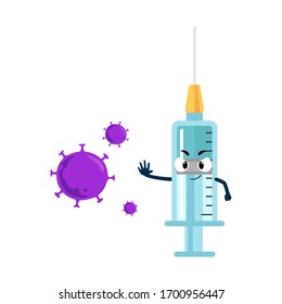 Vaccine and syringe mascot illustration fights againts coronavirus,  Anti virus medicine fights back covid-19