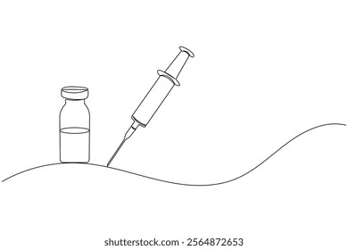 Vaccine and syringe one line drawing and medical icon continuous isolated outline flat vector icon