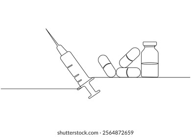 Vaccine and syringe one line drawing and medical icon continuous isolated outline flat vector icon